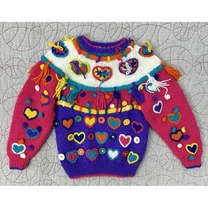 Rachel's Kids Vibrant Rainbow Heart Fringe Knit Yarn Sweater Little Kids Size 3